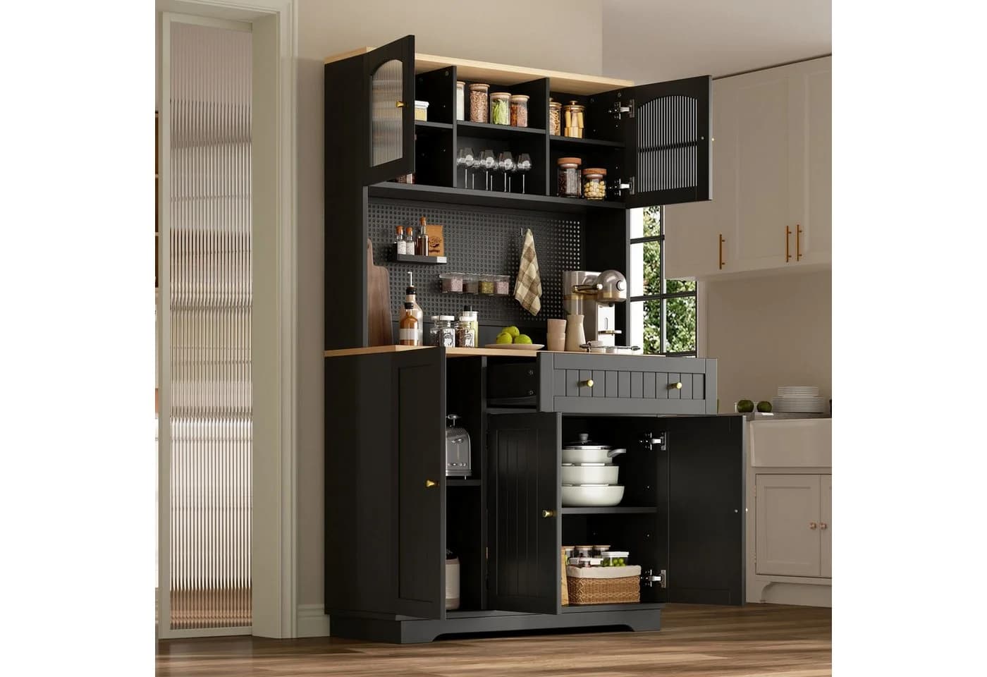 Merax Küchenbuffet Hochschrank mit Vitrinentüren und Schublade - Bild 4