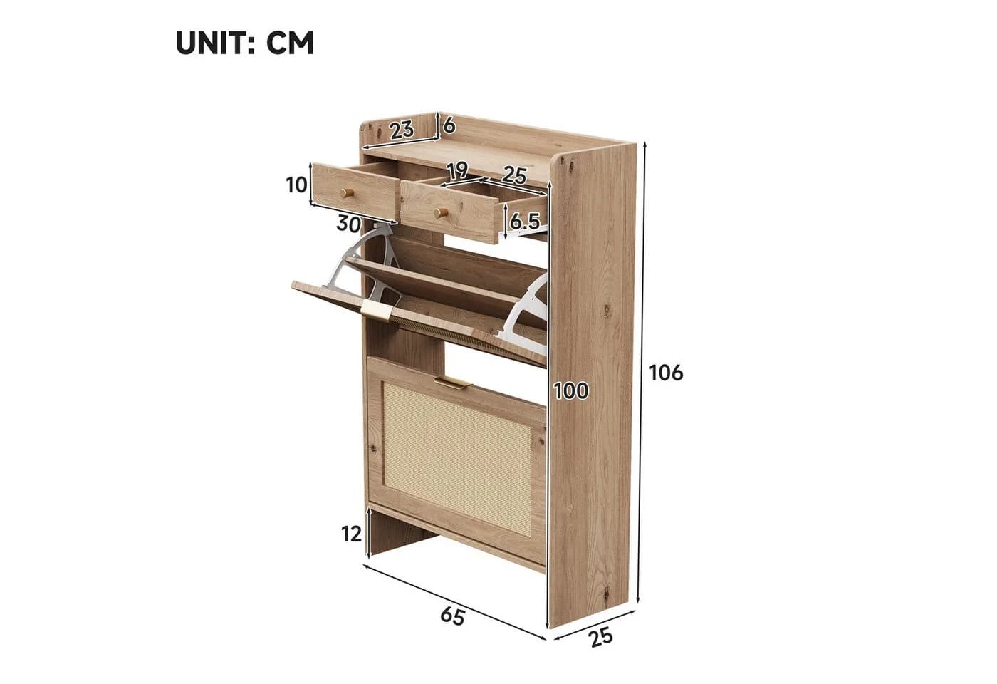 Merax Schuhschrank mit Rattan-Türen, 2 Klappfächer & Schubladen, Beige - Bild 4