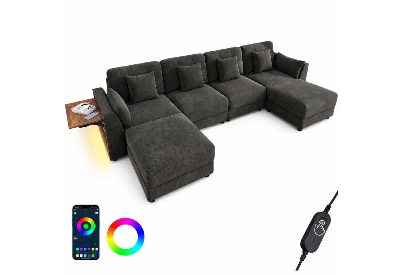 Merax Ecksofa U-Form Chenille mit LED & Klapp-Tisch - Bild 2