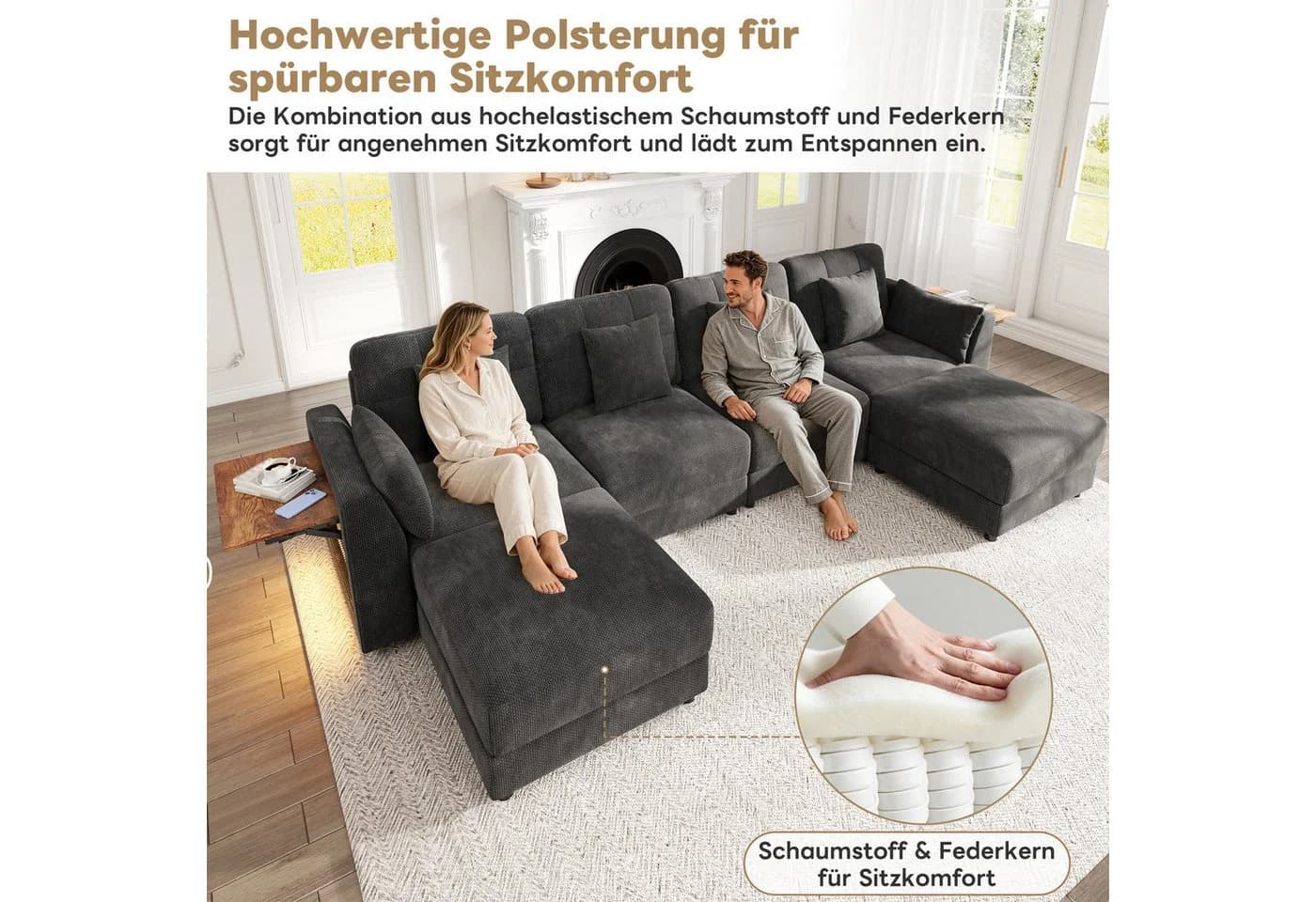 Merax Ecksofa U-Form Chenille mit LED & Klapp-Tisch - Bild 4