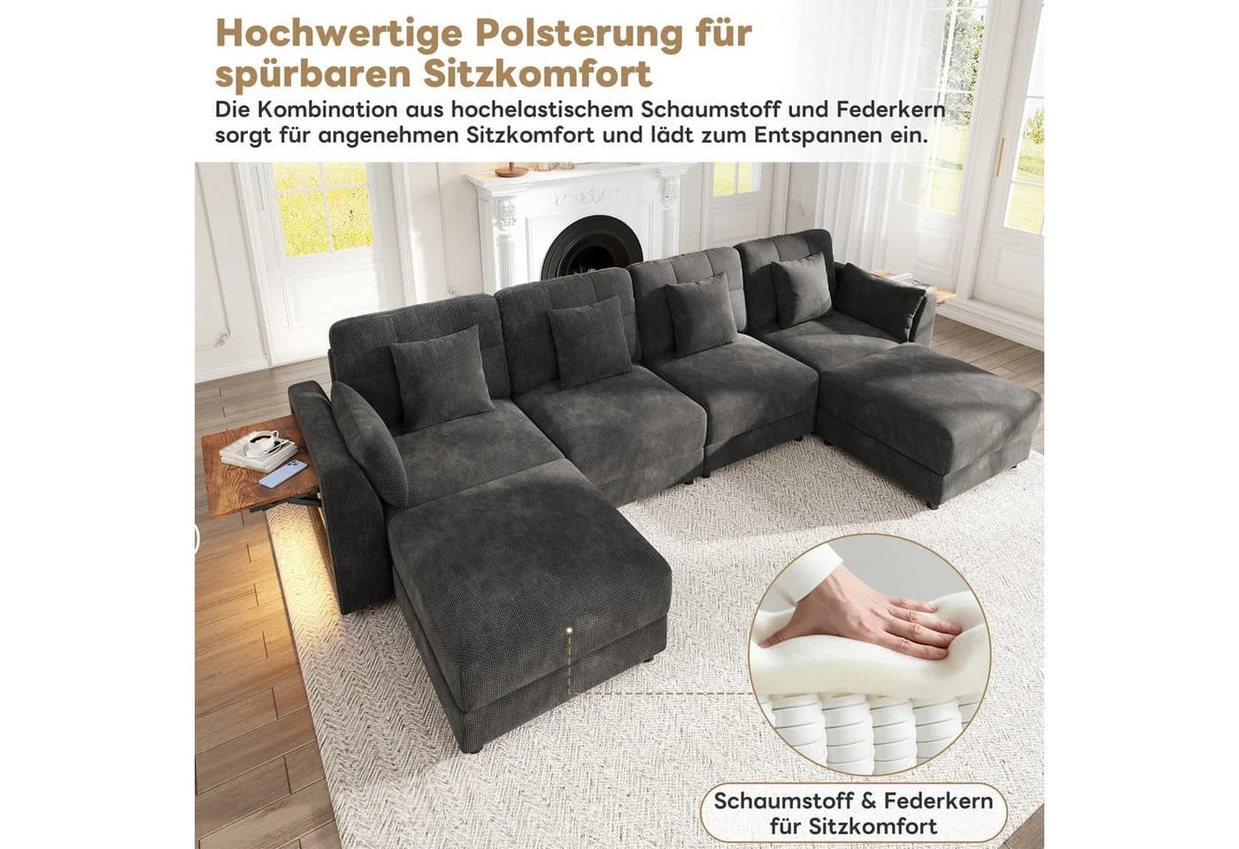 Merax Ecksofa U-Form Chenille mit LED & Klapp-Tisch - Bild 5