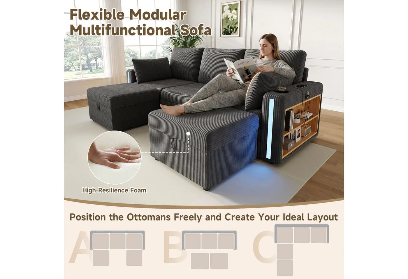 Merax Modulares U-/L-Form Sofa 5-Sitzer mit LED, USB & Stauraum - Bild 5