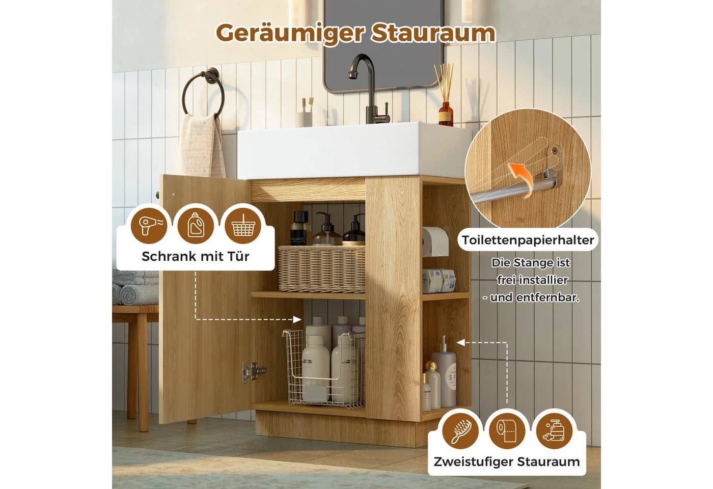Merax Waschtisch mit Keramikwaschbecken, geriffelte Holzoptik, Soft-Close Tür - Bild 4