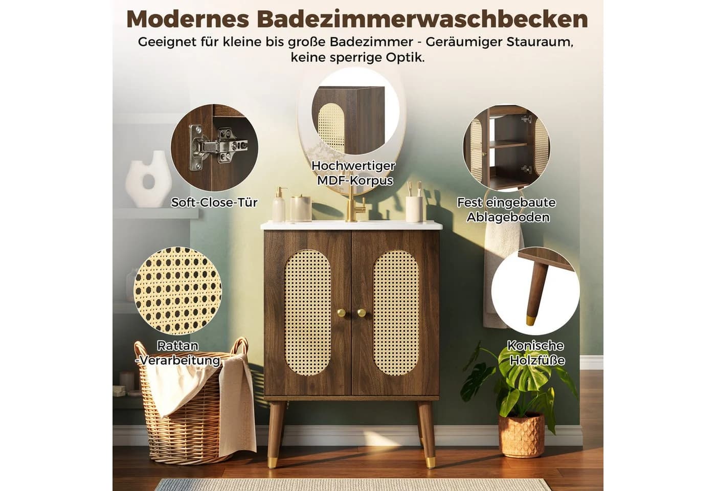 Merax Waschtischunterschrank mit Keramikbecken Rattan Holzoptik - Bild 4