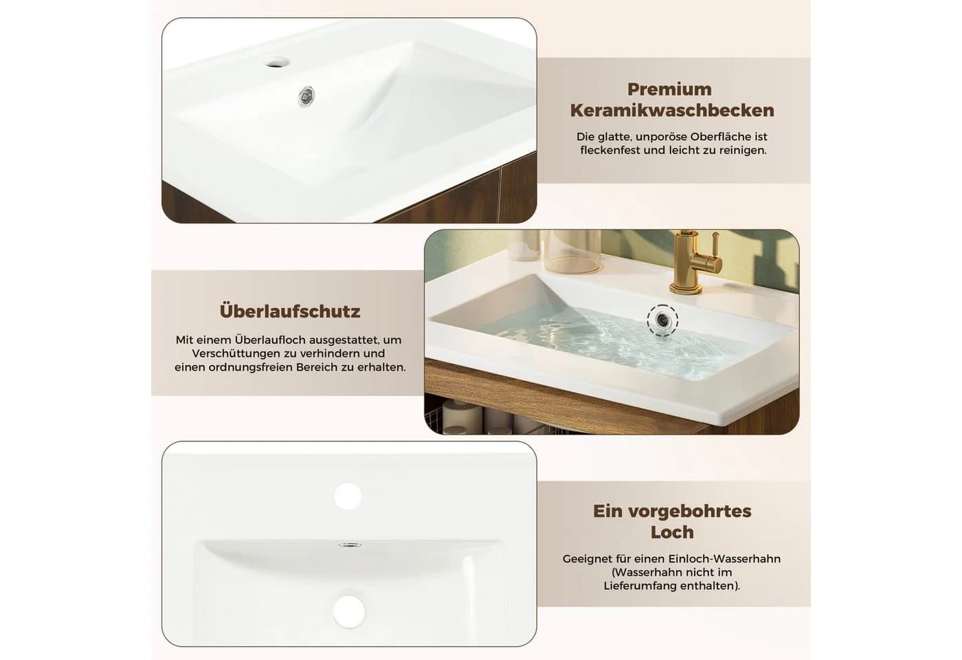 Merax Waschtischunterschrank mit Keramikbecken Rattan Holzoptik - Bild 5