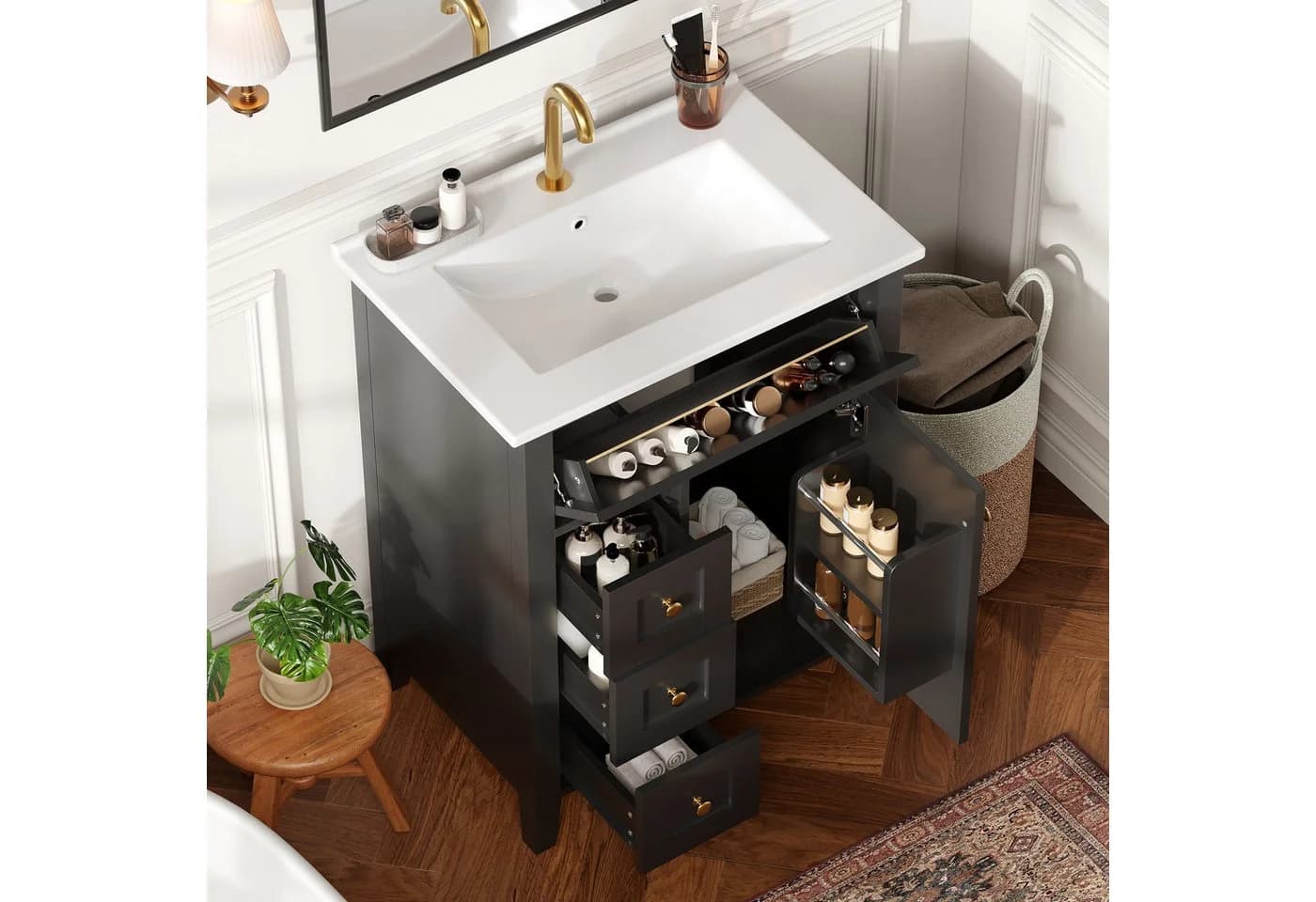 Merax Waschtisch mit Unterschrank 61 cm Schwarz Hochglanz