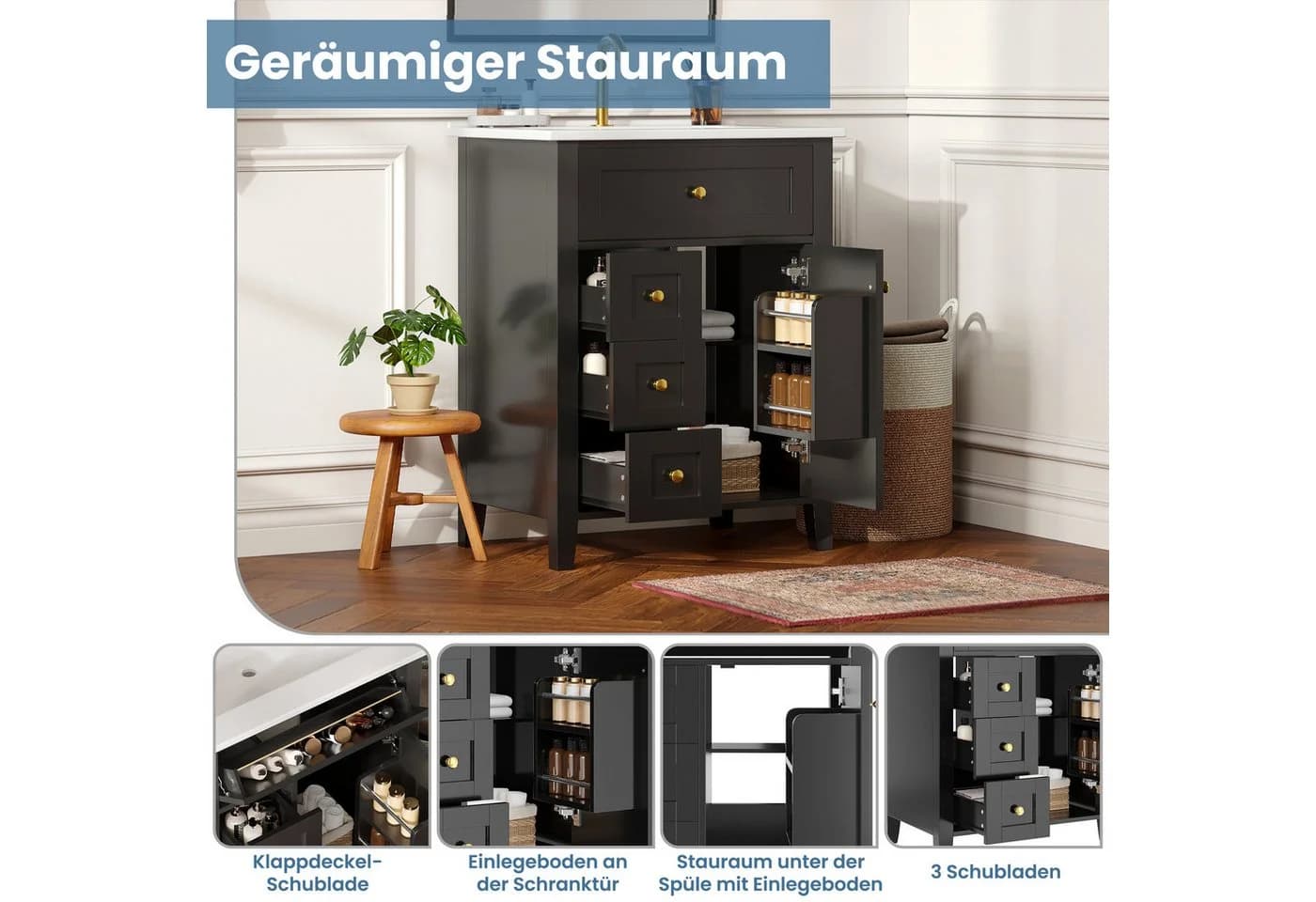 Merax Waschtisch mit Unterschrank 61 cm Schwarz Hochglanz - Bild 5