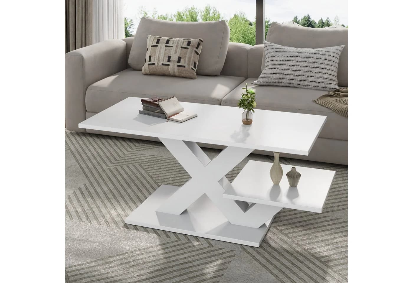 Merax Couchtisch Weiß Hochglanz mit X-Beinen & 2 Platten