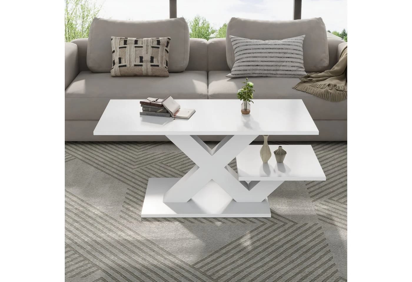 Merax Couchtisch Weiß Hochglanz mit X-Beinen & 2 Platten - Bild 3