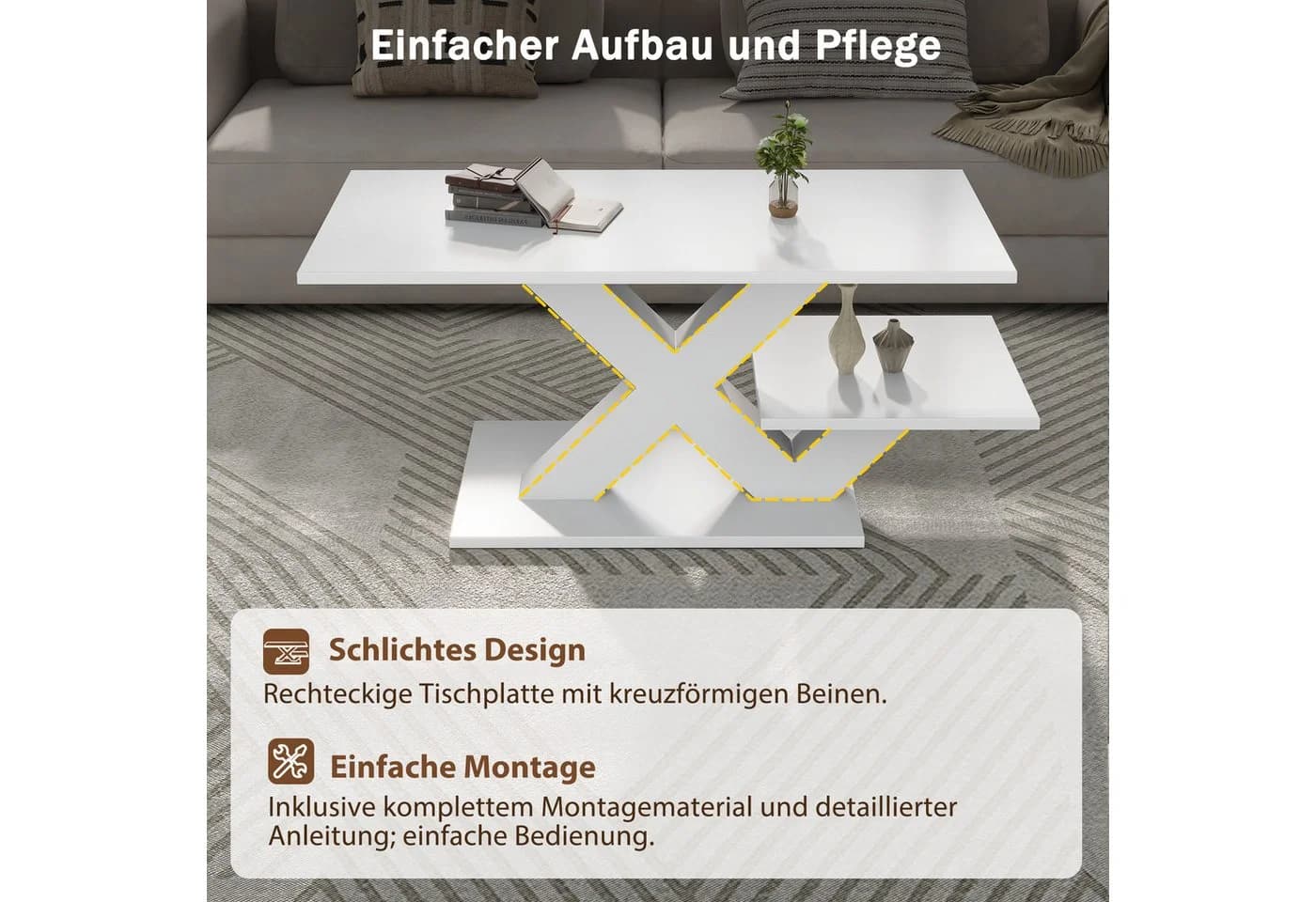 Merax Couchtisch Weiß Hochglanz mit X-Beinen & 2 Platten - Bild 5