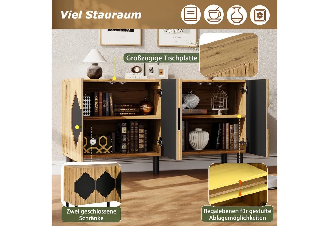 Merax Sideboard Beige/Schwarz mit Rautenmuster und Push-Open-Funktion - Bild 5