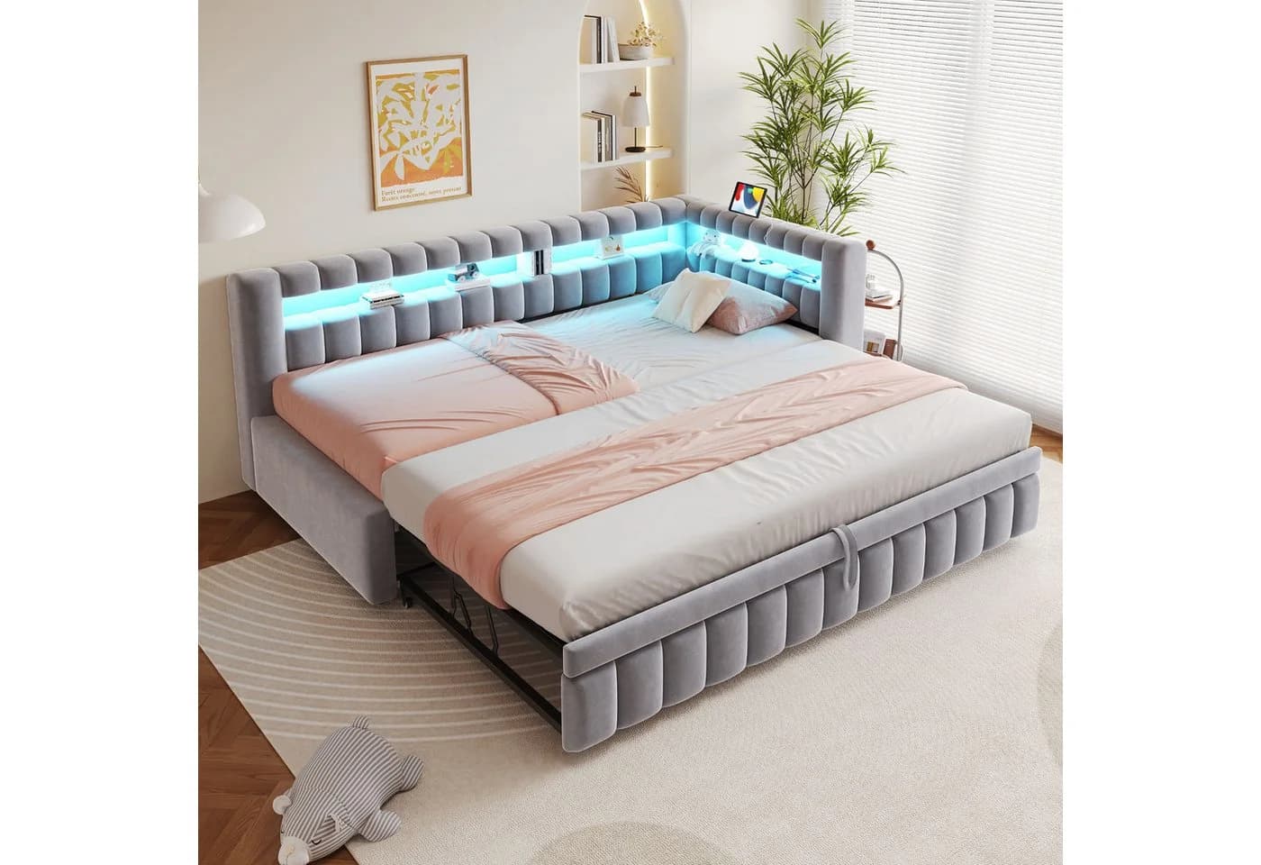 Merax Polsterbett 90x200 cm mit Ausziehbett, LED und USB-C - Bild 2