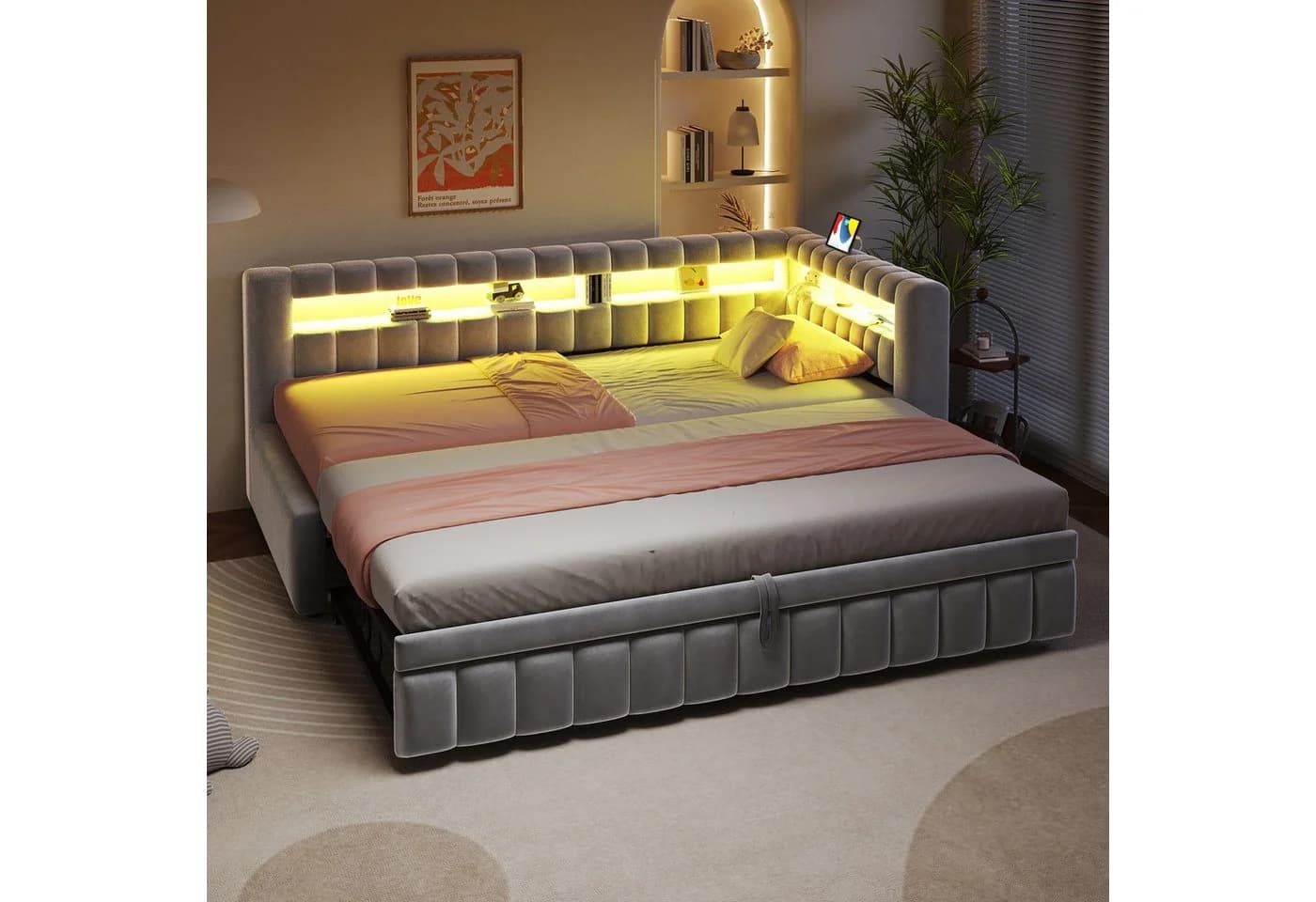 Merax Polsterbett 90x200 cm mit Ausziehbett, LED und USB-C - Bild 4