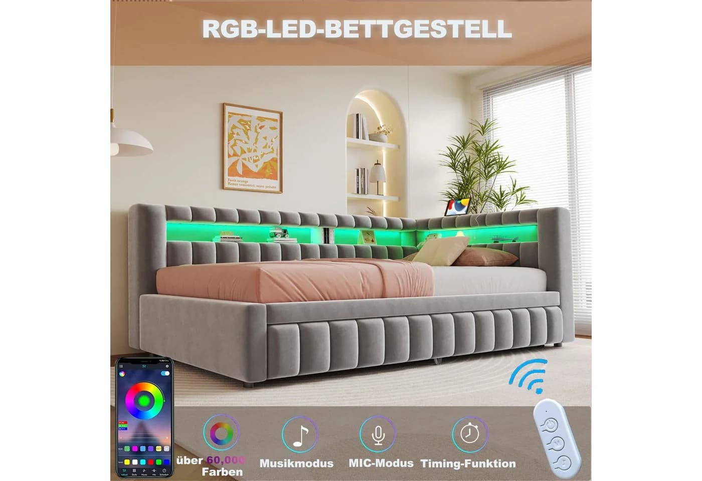 Merax Polsterbett 90x200 cm mit Ausziehbett, LED und USB-C - Bild 5