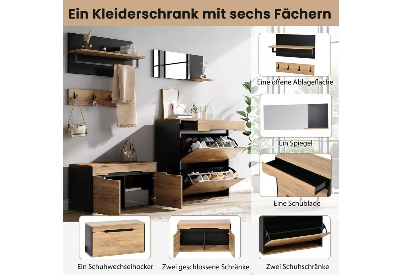 Merax Garderoben-Set mit Schuhbank, Schuhschränken & Spiegel - Bild 4