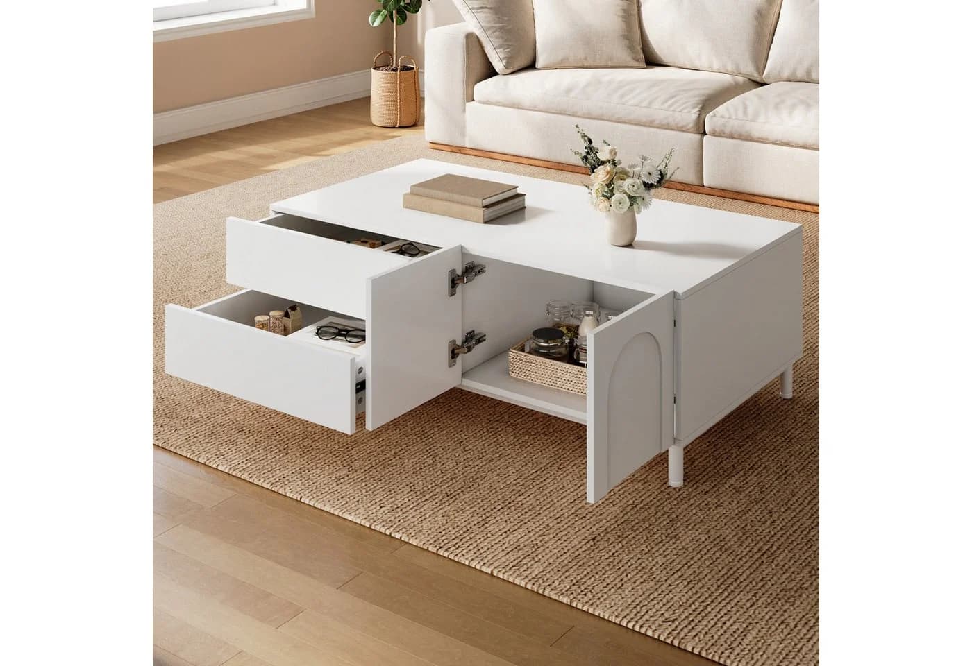 Merax Couchtisch Weiß mit 2 Schubladen & 2 Türen - Bild 2