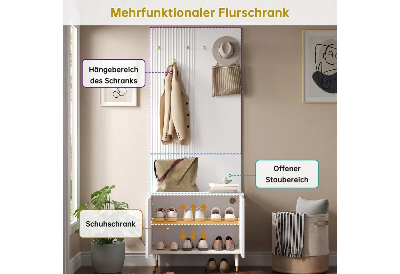 Merax Garderobenschrank Weiß mit Schuhschrank und Hakenleiste - Bild 5