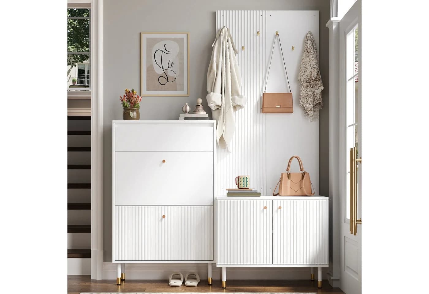 Merax Garderoben-Set Weiß mit 6 Haken, Schuhschrank und Stauraum - Bild 2
