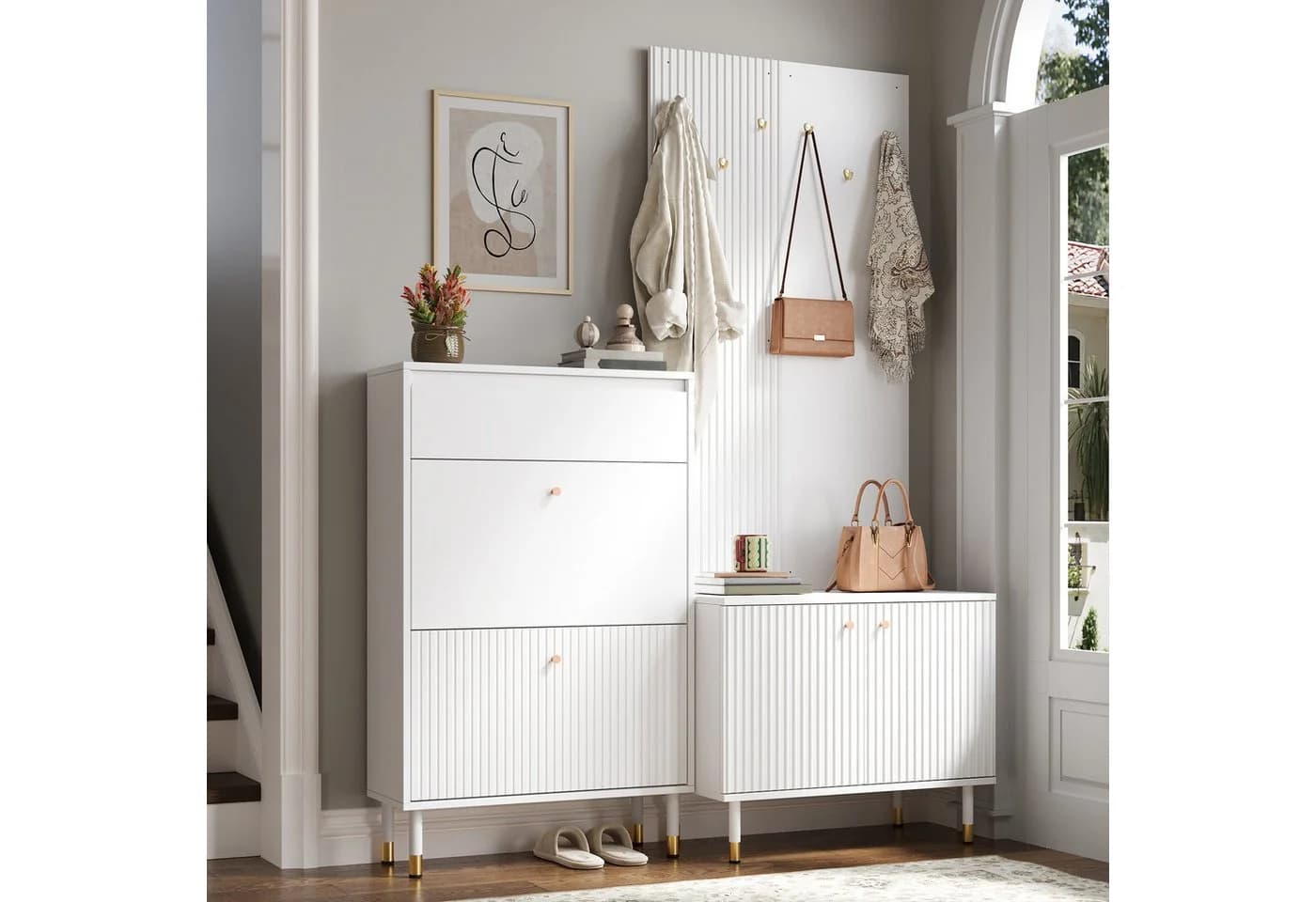 Merax Garderoben-Set Weiß mit 6 Haken, Schuhschrank und Stauraum - Bild 3