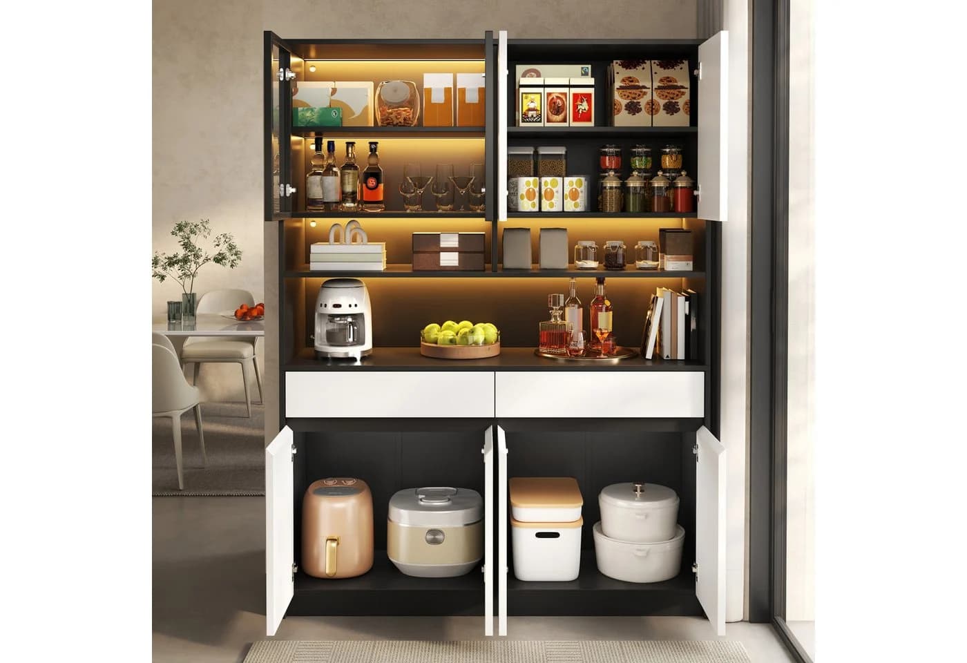 Merax Hochschrank mit LED-Beleuchtung und Glasvitrine