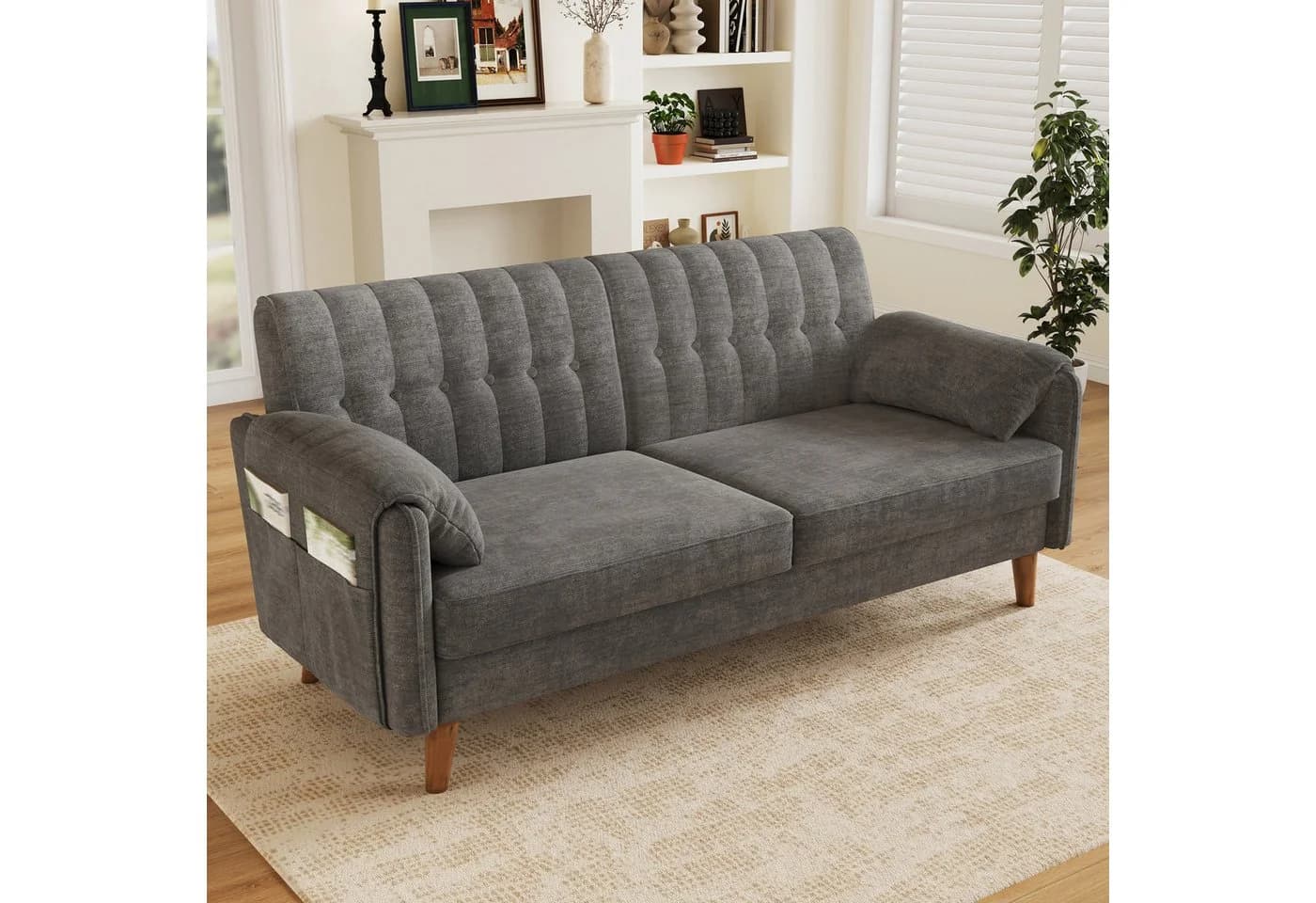 Merax 2-Sitzer Sofa Chenille Grau mit Seitentaschen - Bild 3
