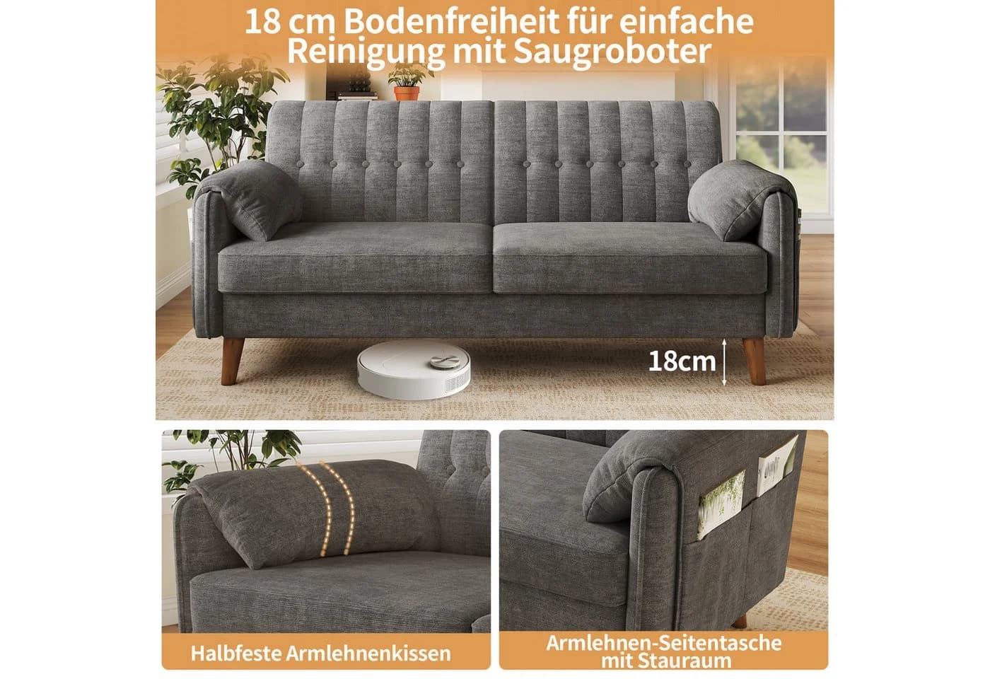 Merax 2-Sitzer Sofa Chenille Grau mit Seitentaschen - Bild 4