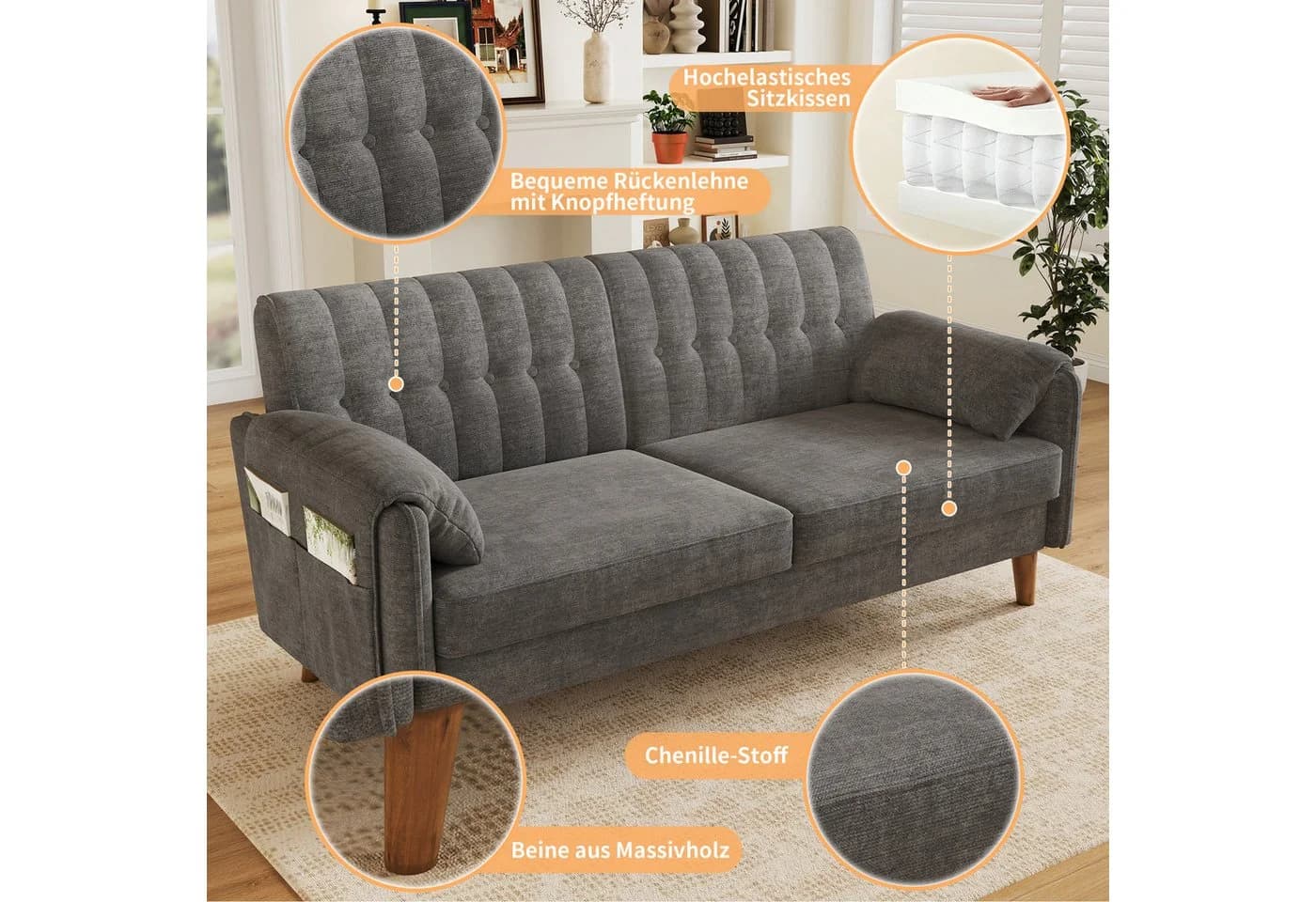 Merax 2-Sitzer Sofa Chenille Grau mit Seitentaschen - Bild 5