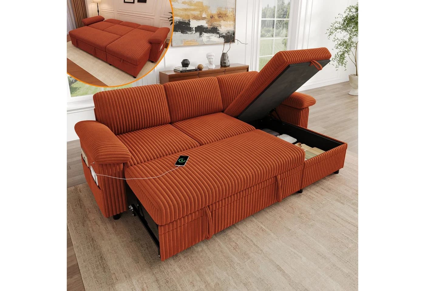 Merax Ecksofa mit Schlaffunktion und USB-Anschluss Orange - Bild 2