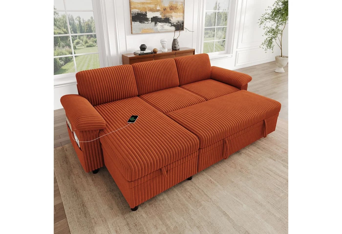 Merax Ecksofa mit Schlaffunktion und USB-Anschluss Orange - Bild 3