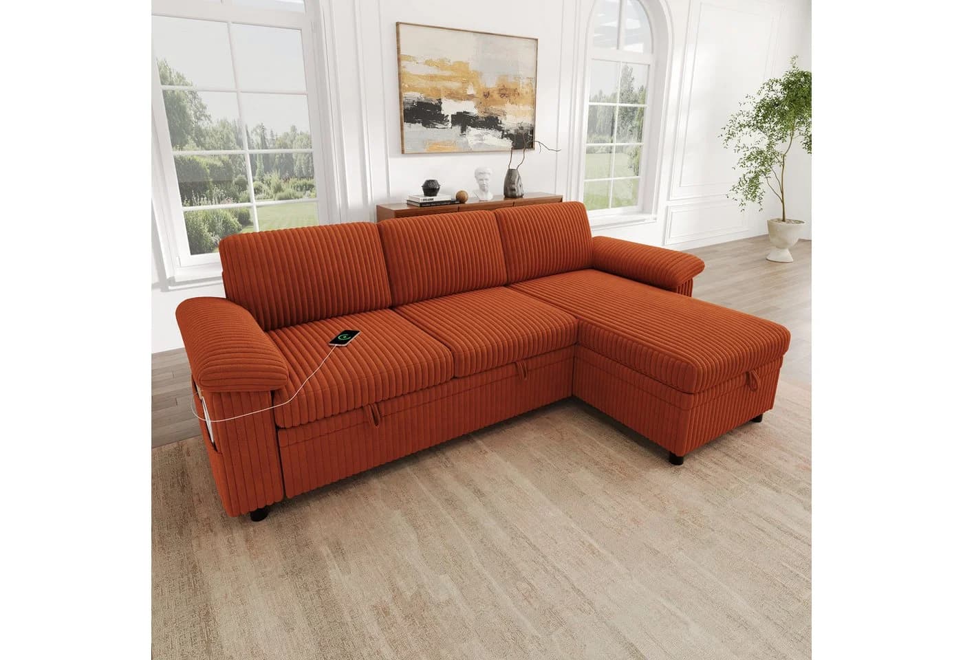 Merax Ecksofa mit Schlaffunktion und USB-Anschluss Orange - Bild 4