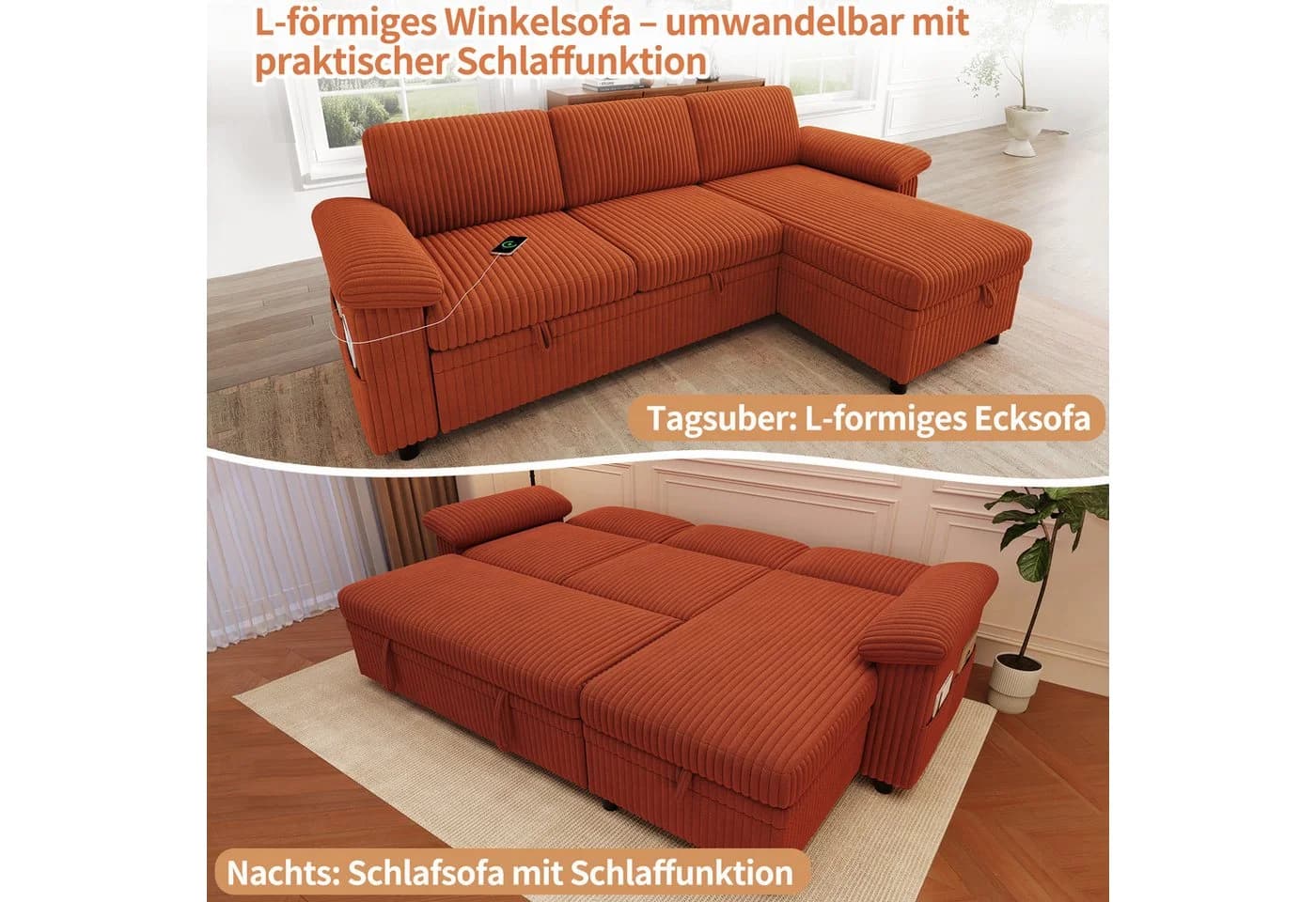 Merax Ecksofa mit Schlaffunktion und USB-Anschluss Orange - Bild 5