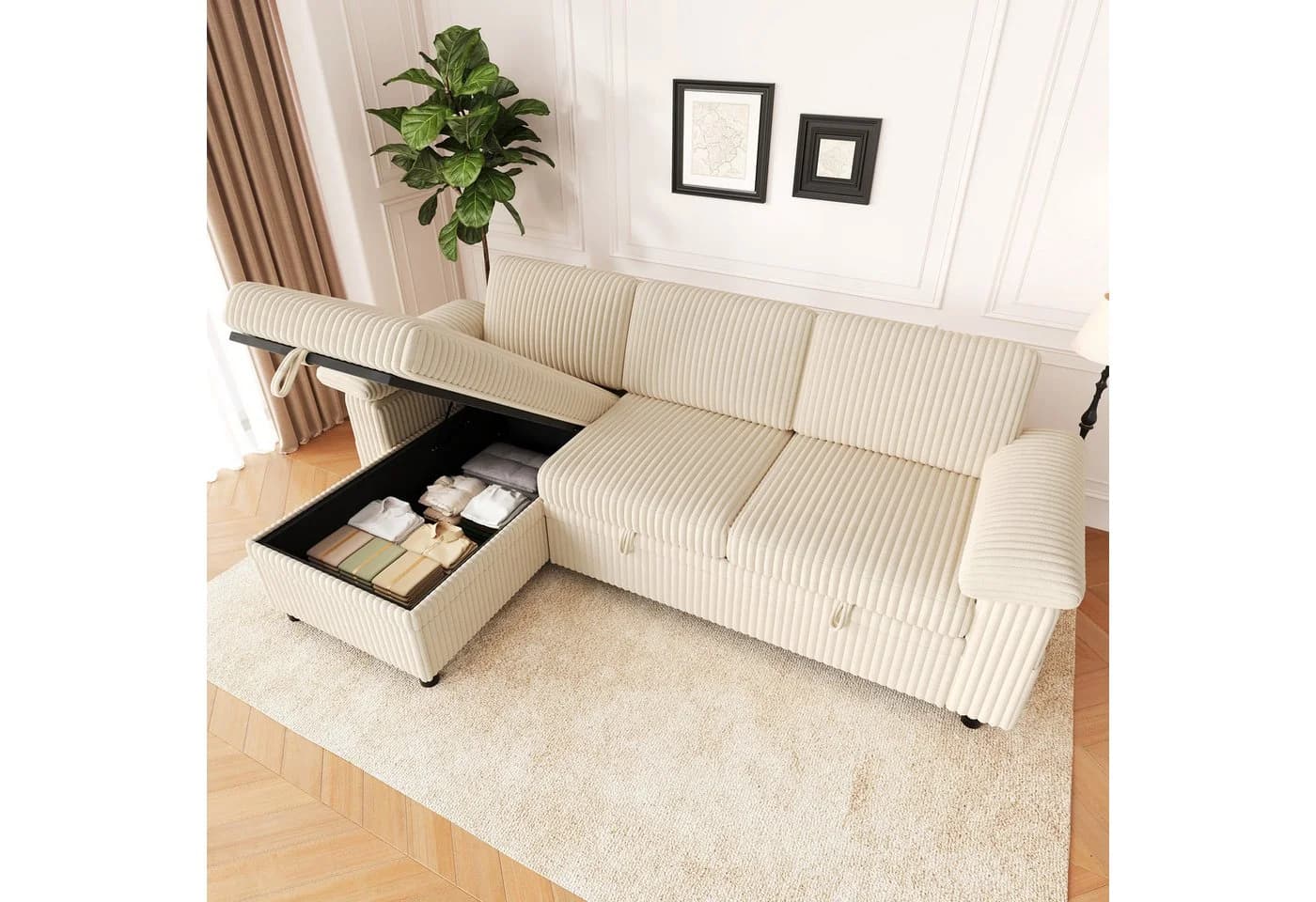 Merax Ecksofa mit Schlaffunktion und USB-Anschluss Cord Beige