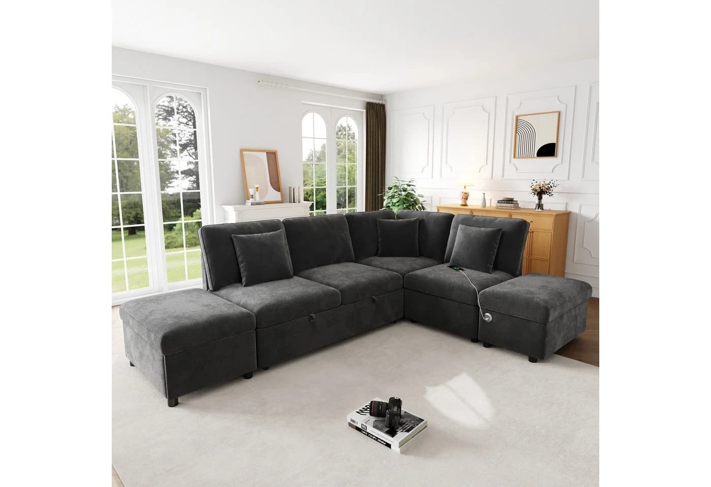 Merax Ecksofa mit Schlaffunktion Grau Chenille 6-Sitzer Modul