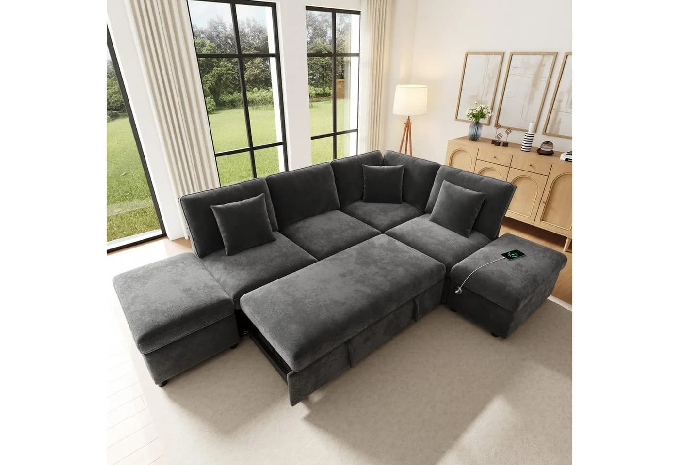 Merax Ecksofa mit Schlaffunktion Grau Chenille 6-Sitzer Modul - Bild 3