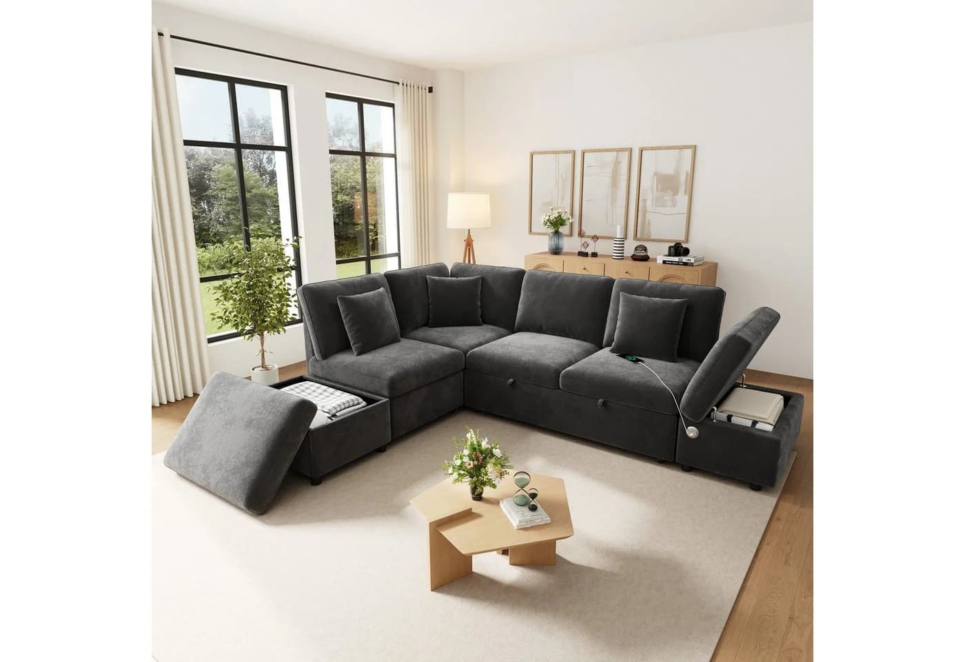 Merax Ecksofa mit Schlaffunktion Grau Chenille 6-Sitzer Modul - Bild 4