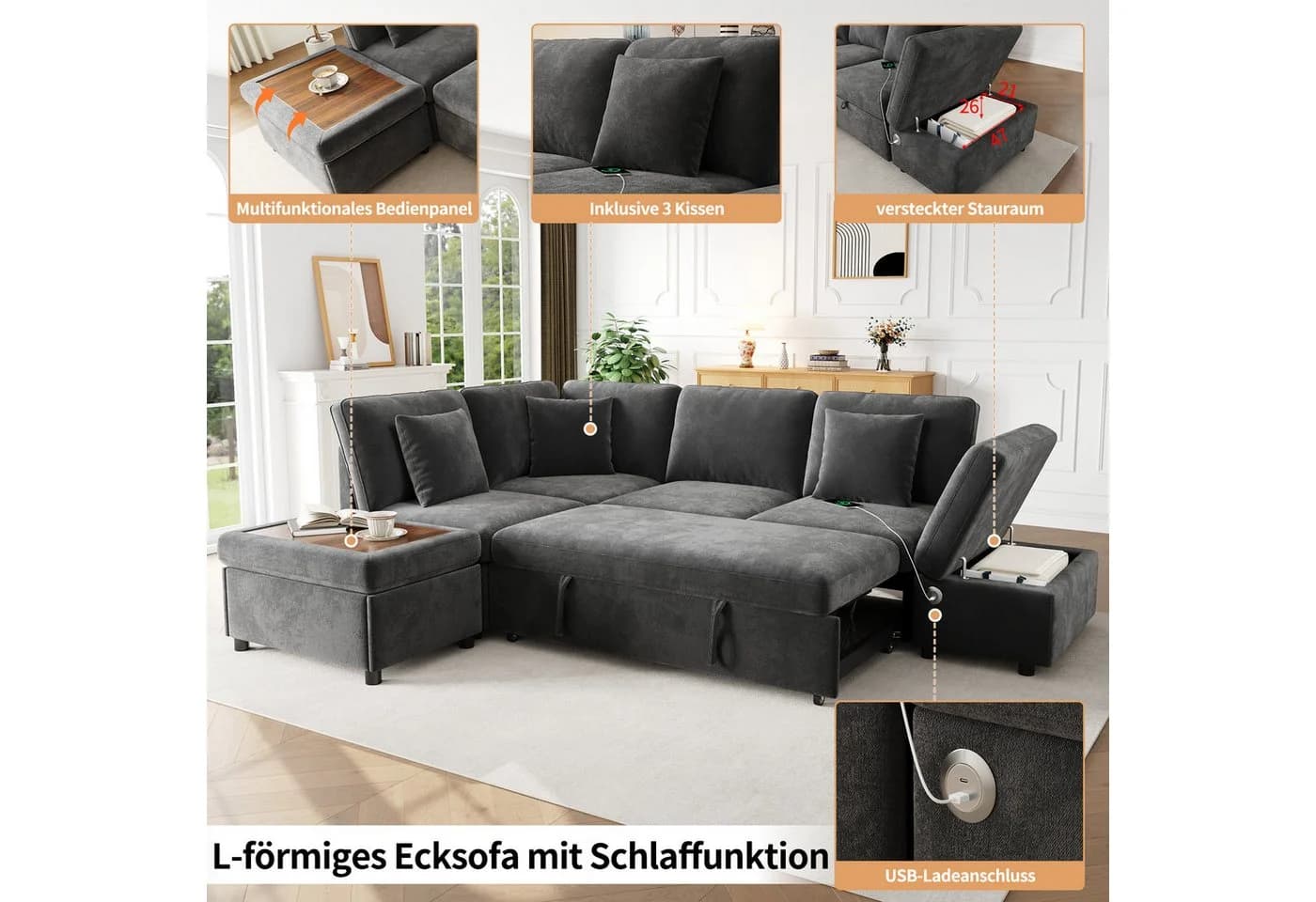 Merax Ecksofa mit Schlaffunktion Grau Chenille 6-Sitzer Modul - Bild 5
