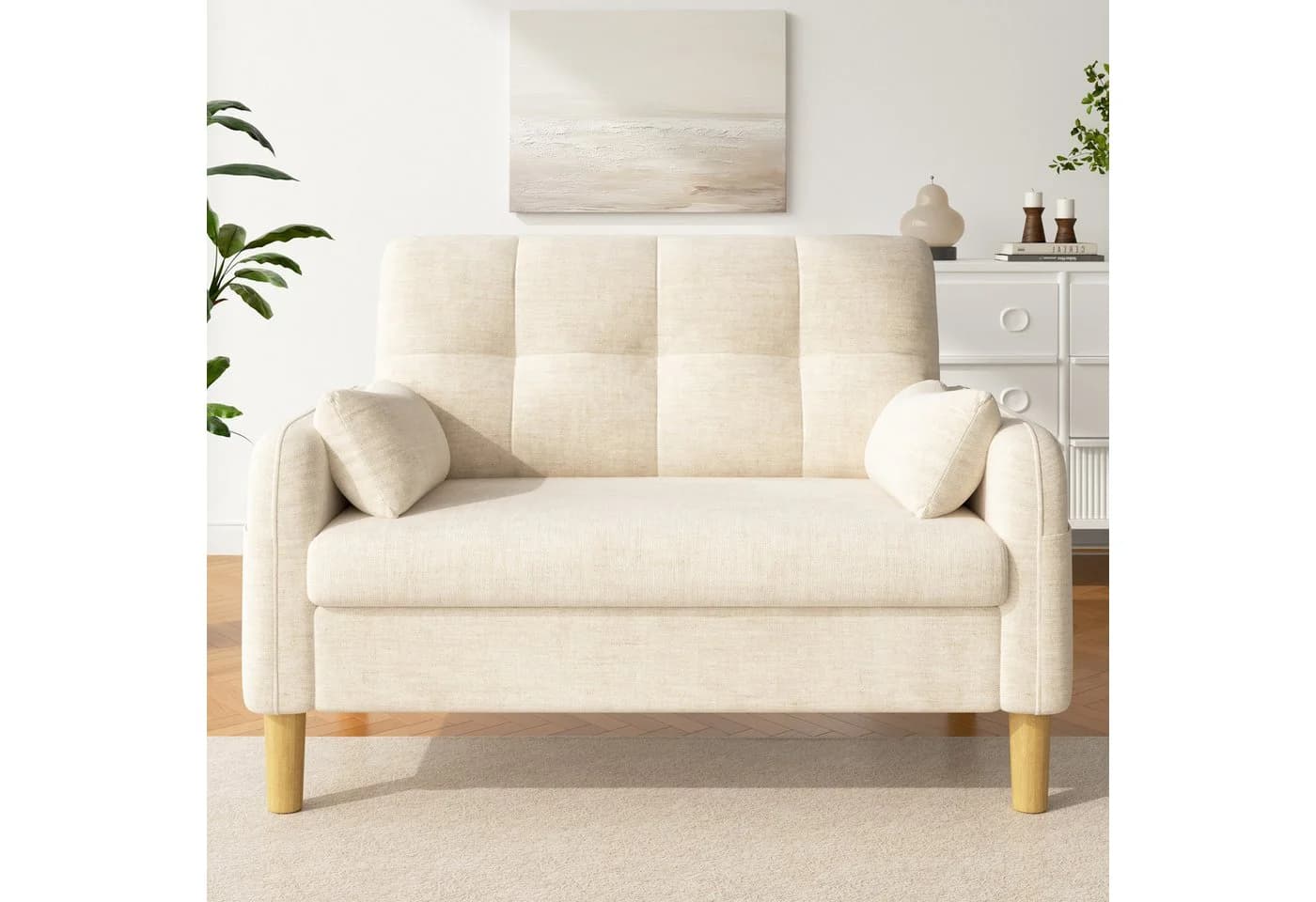 Merax 2-Sitzer Sofa Chenille-Bezug Beige/Grün/Grau mit Kissen