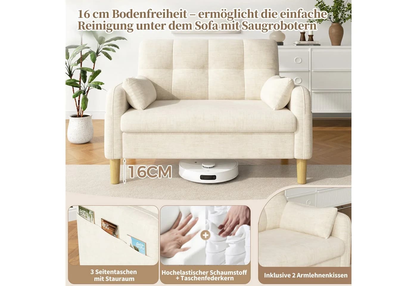 Merax 2-Sitzer Sofa Chenille-Bezug Beige/Grün/Grau mit Kissen - Bild 4