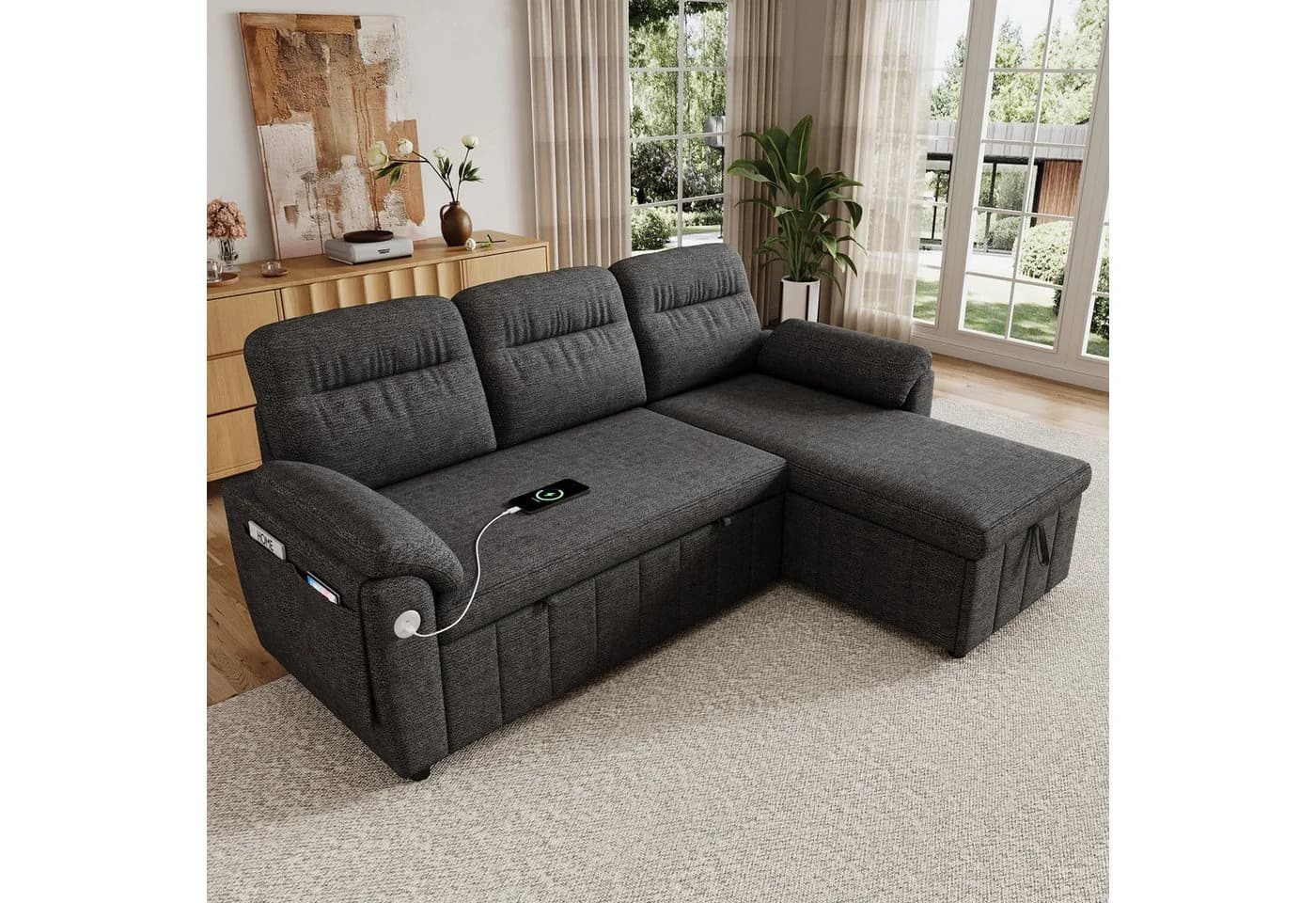 Merax Ecksofa mit Schlaffunktion und USB-Anschluss