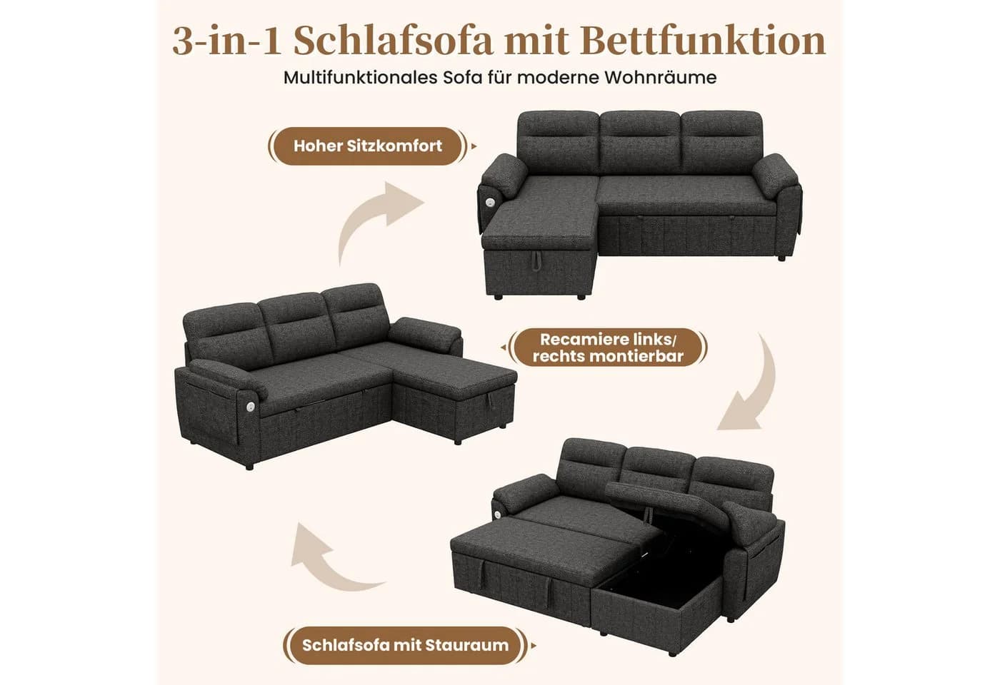Merax Ecksofa mit Schlaffunktion und USB-Anschluss - Bild 4