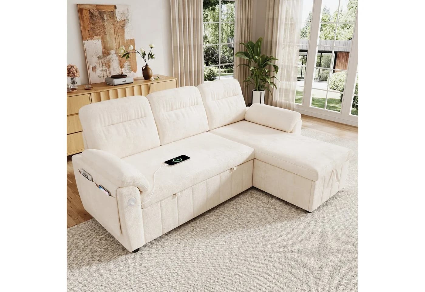 Merax Ecksofa mit Schlaffunktion 3-Sitzer Chenille Beige/Grau