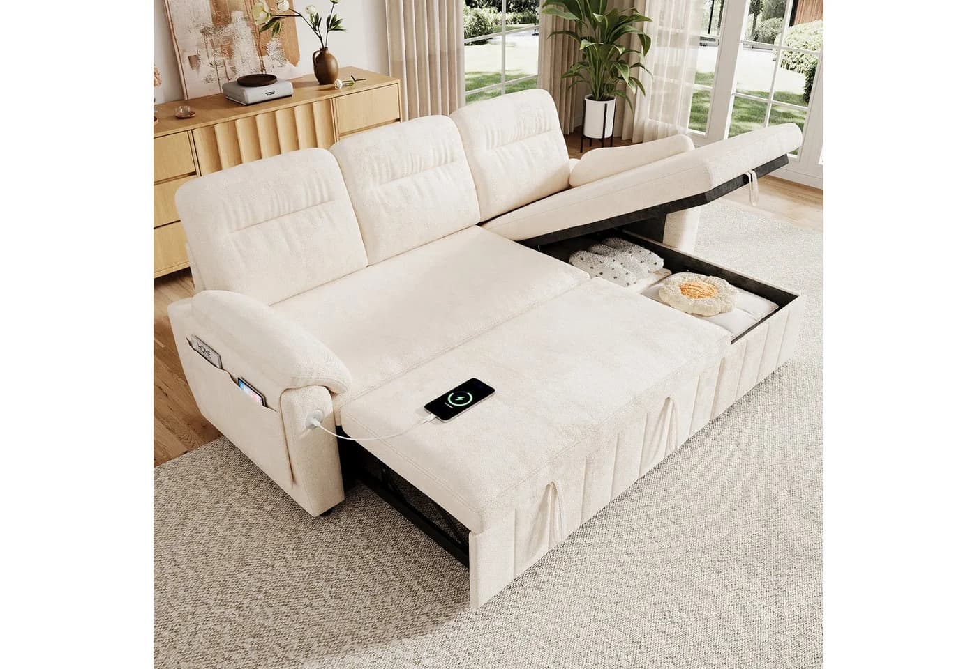 Merax Ecksofa mit Schlaffunktion 3-Sitzer Chenille Beige/Grau - Bild 2