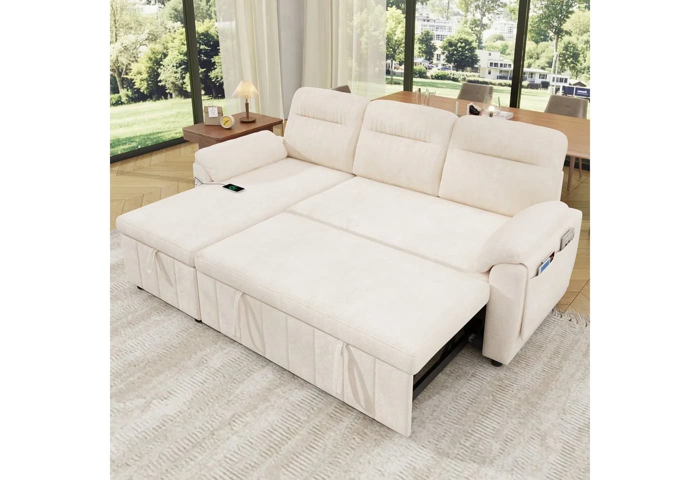 Merax Ecksofa mit Schlaffunktion 3-Sitzer Chenille Beige/Grau - Bild 3