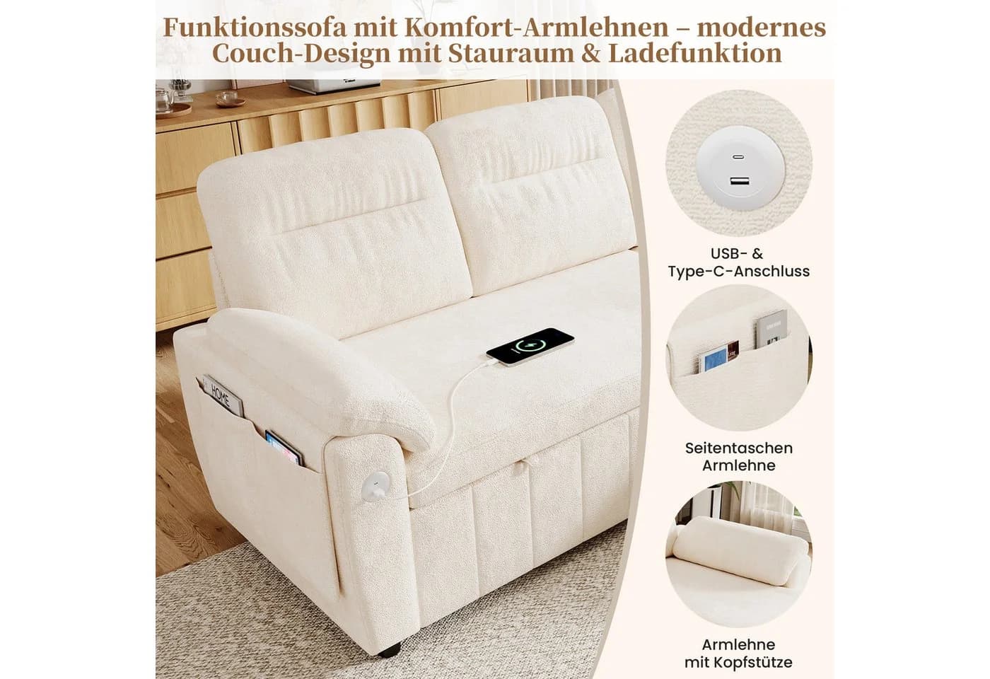 Merax Ecksofa mit Schlaffunktion 3-Sitzer Chenille Beige/Grau - Bild 5