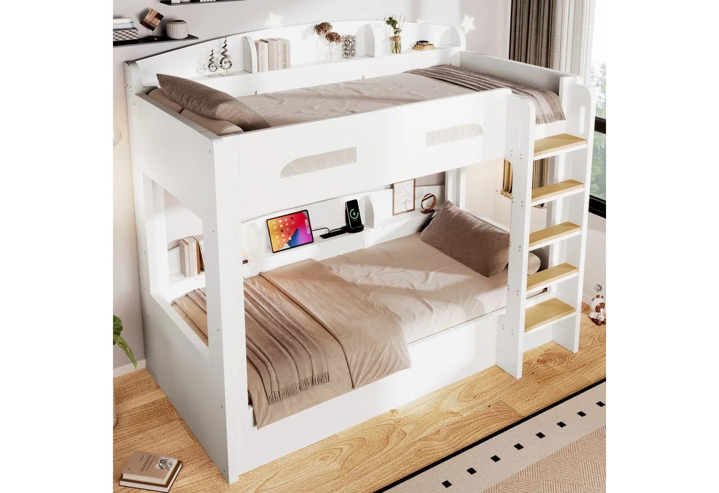 Merax Etagenbett 90x200cm Hellblau/Weiß mit USB-Steckdose