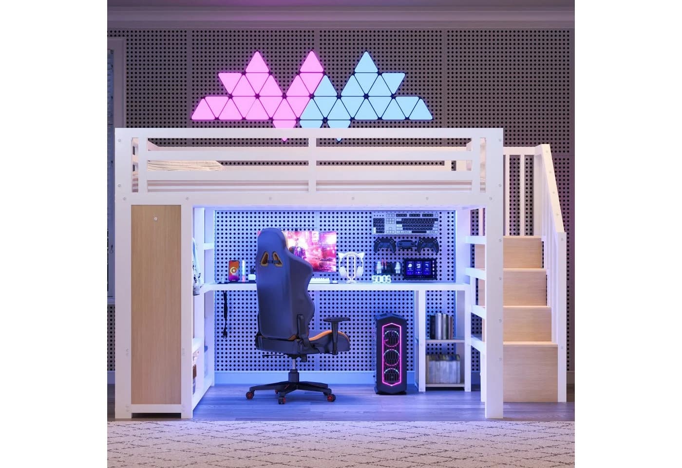 Merax Gaming-Hochbett 140x200 cm mit LED, USB, Schreibtisch & Kleiderschrank