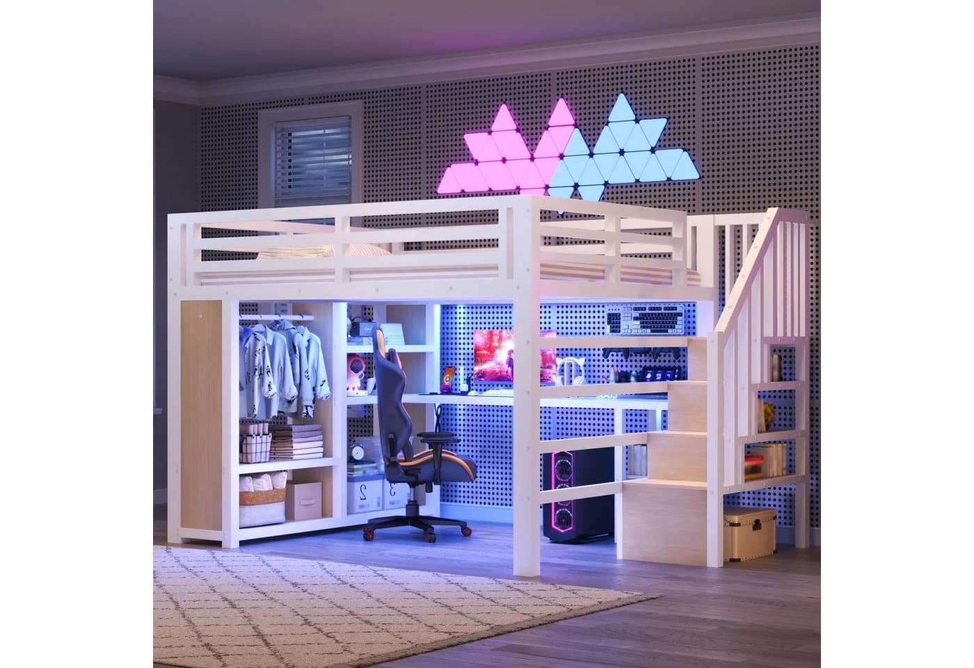 Merax Gaming-Hochbett 140x200 cm mit LED, USB, Schreibtisch & Kleiderschrank - Bild 2