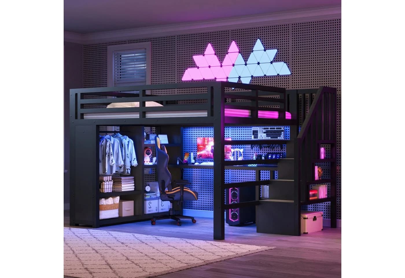 Merax Gaming-Hochbett 140x200 mit LED, USB, Schreibtisch & Kleiderschrank - Bild 2