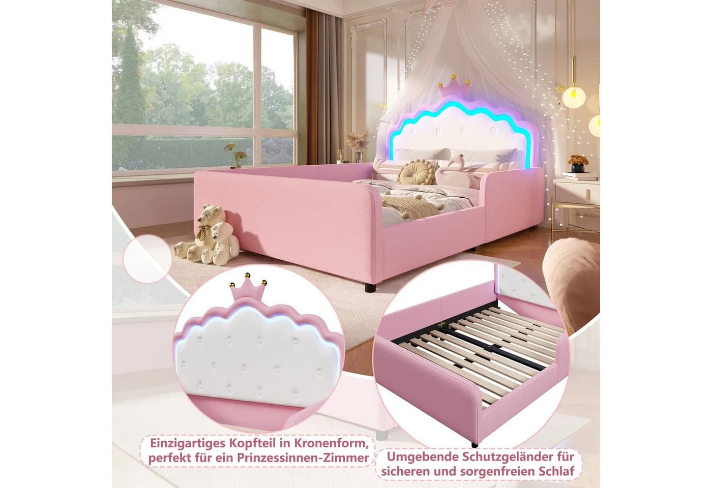 Merax Prinzessinnenbett Rosa mit LED-Beleuchtung und Sicherheitsgitter - Bild 5