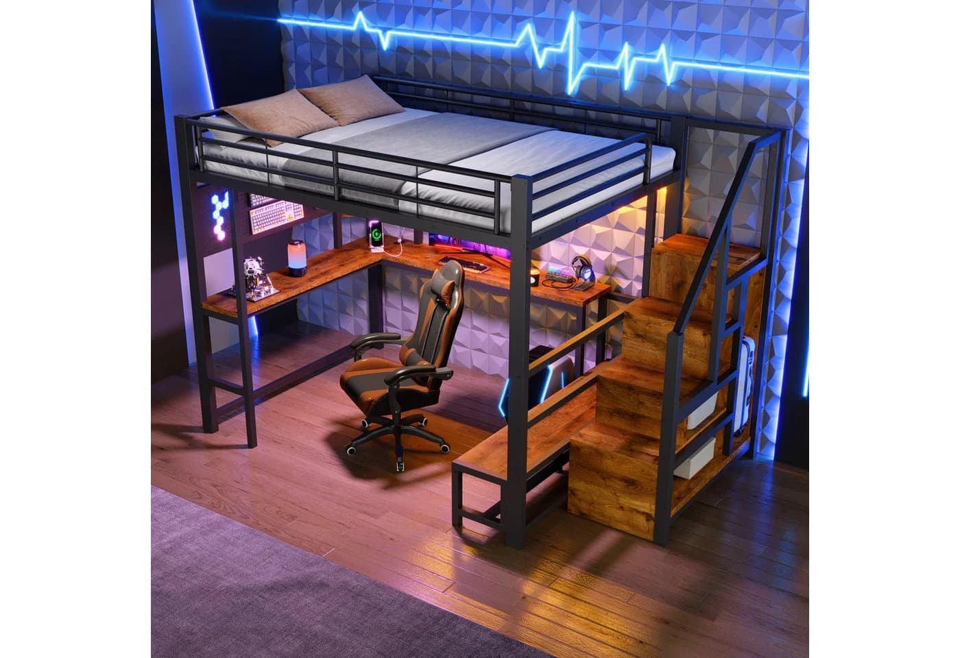 Merax Hochbett 140x200 cm mit LED, USB-C & Schreibtisch Schwarz/Weiß - Bild 3